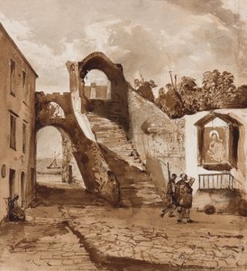 Helligdom i veggene til en napolitansk landsby, med tillegg av prins Alfonso Maria di Borbone (1841-1934), 30. oktober 1854 (blyant og sepia vask på papir)
